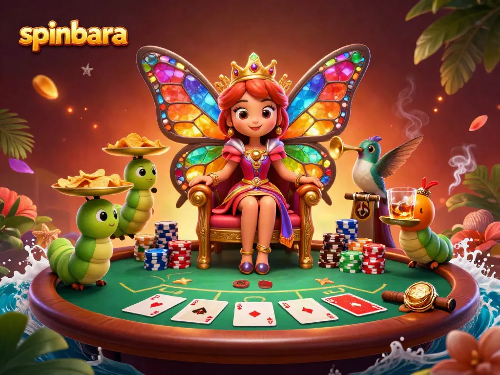 Experience spinbara's vibrant casino scene with a butterfly queen surrounded by poker elements.
