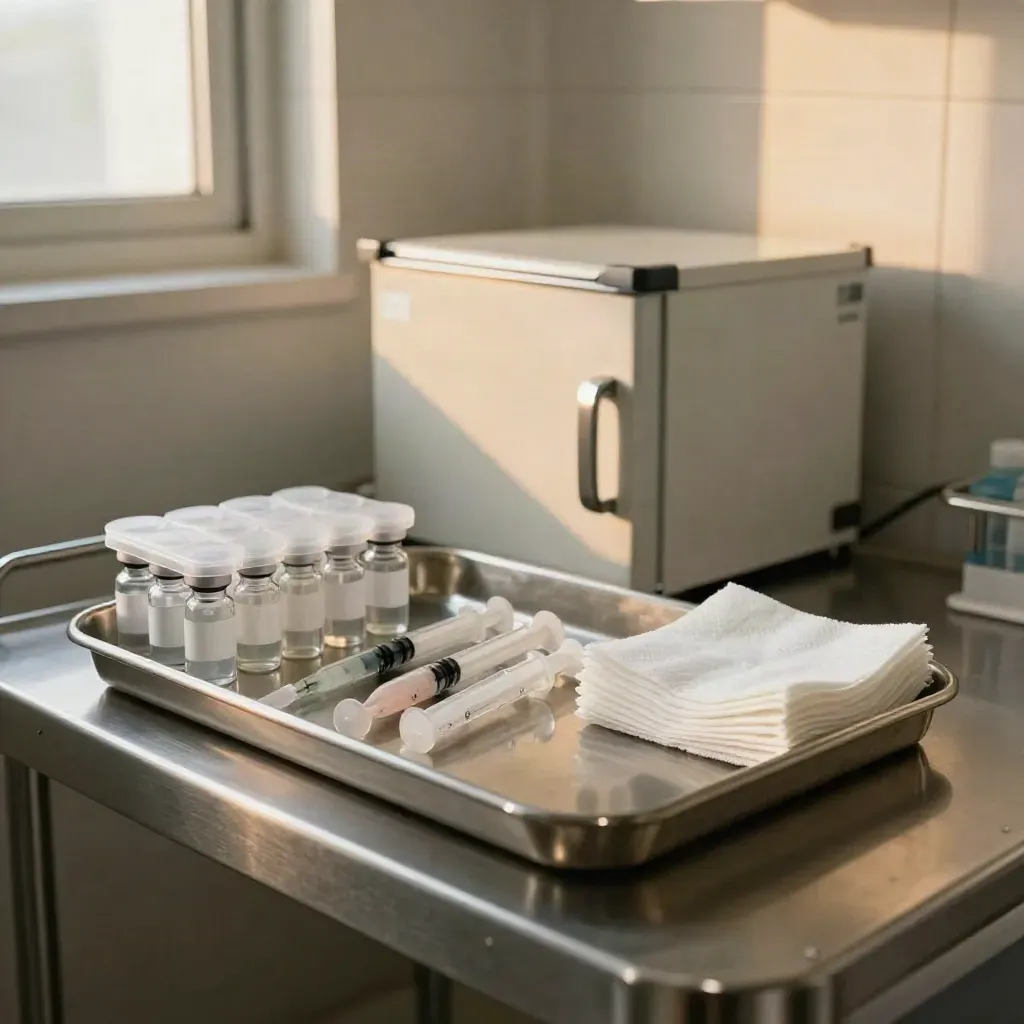 Jeringas preparadas, bandeja de vacunas y nevera clínica en un rincón veterinario cálido.