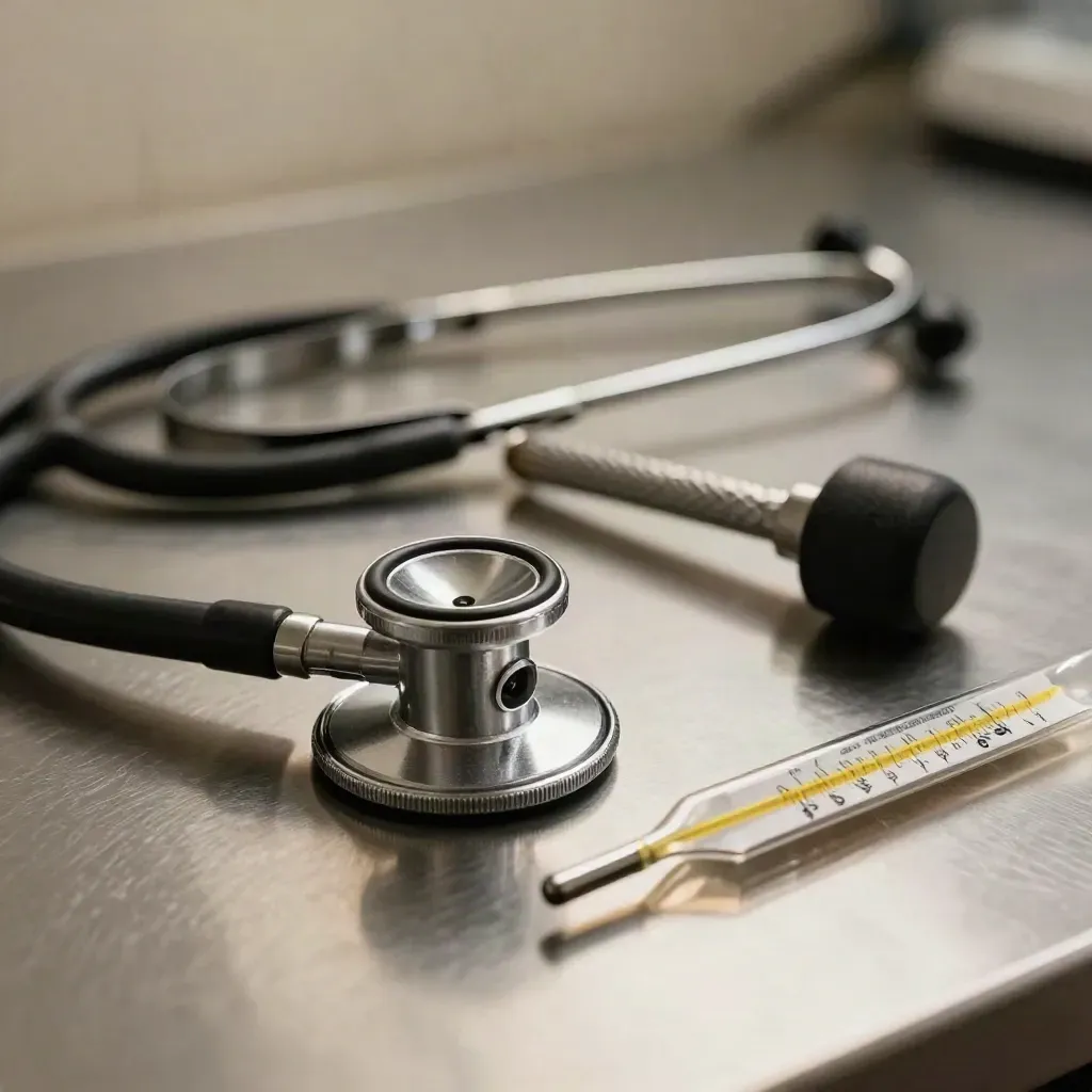 Herramientas veterinarias en acero: estetoscopio, otoscopio, martillo de reflejos y termómetro.