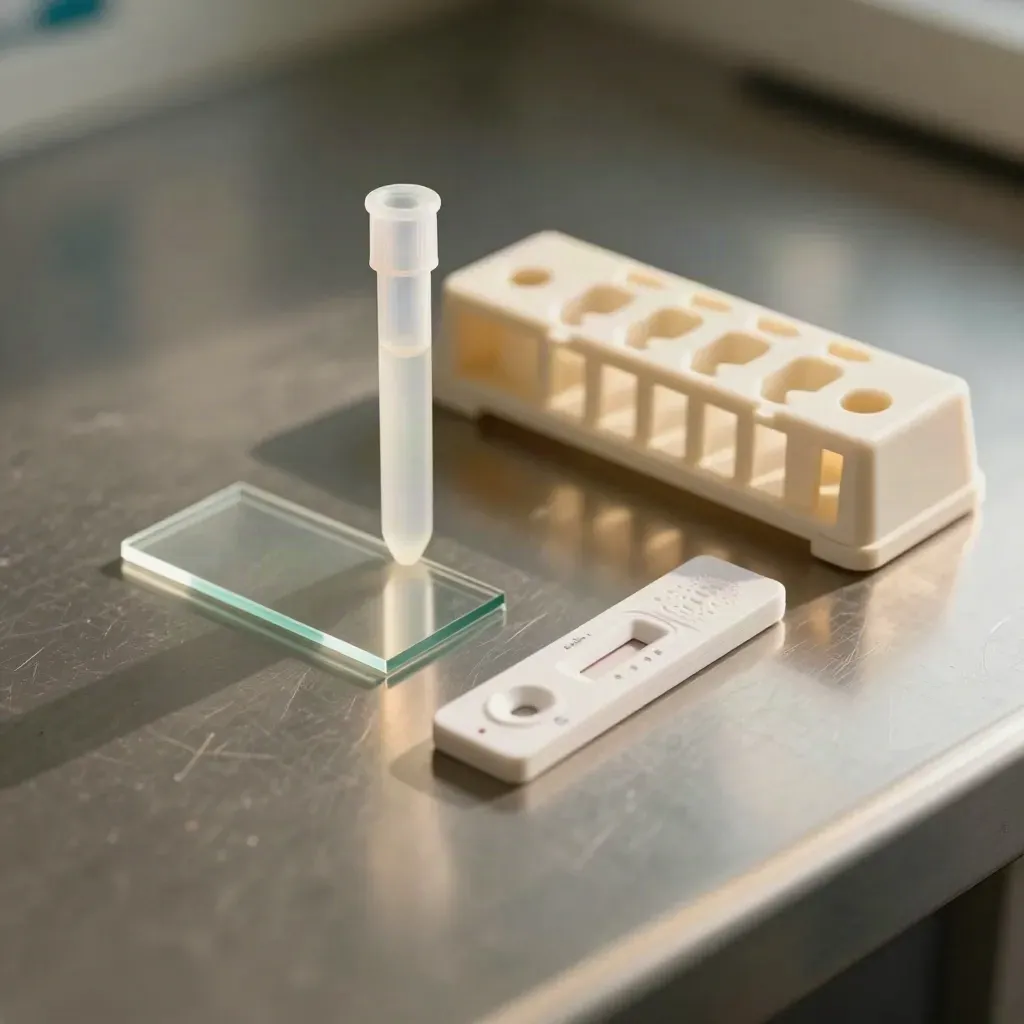 Portaobjetos, tubos de muestra y cassette de test rápido en mesa de laboratorio con reflejos fríos.