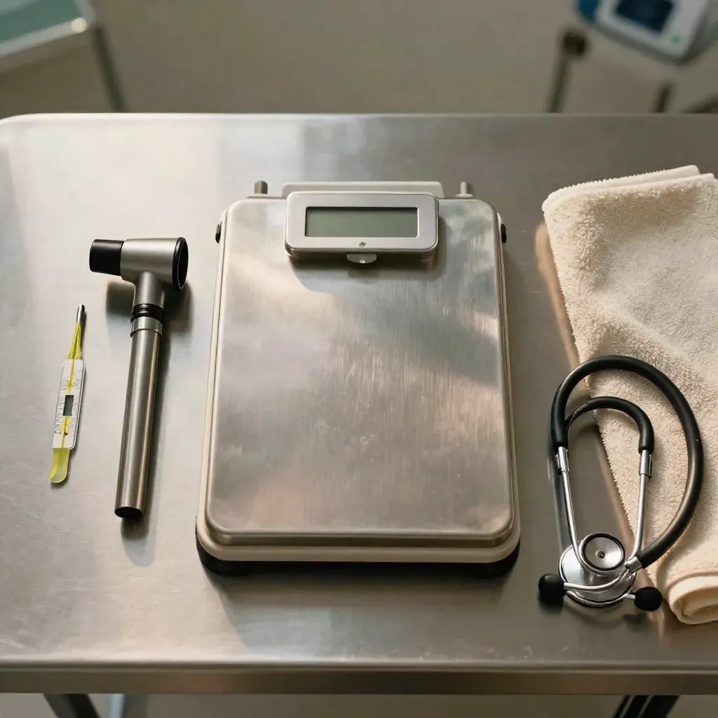 Vista cenital de una báscula veterinaria con otoscopio, termómetro y estetoscopio sobre mesa de acero.