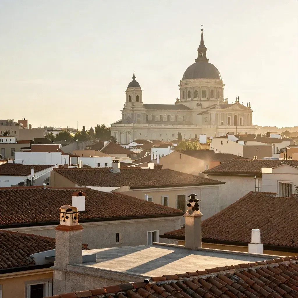 Vista aérea de Madrid Centro con tejados de teja, cúpula histórica y fachadas de piedra al atardecer.