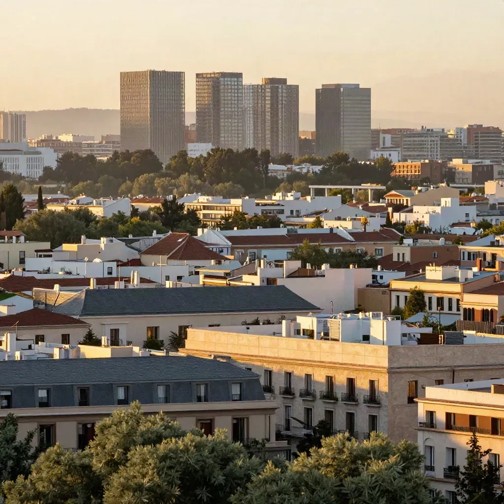 Vista amplia de Madrid Norte con torres de vidrio, árboles ordenados y tejados al atardecer.